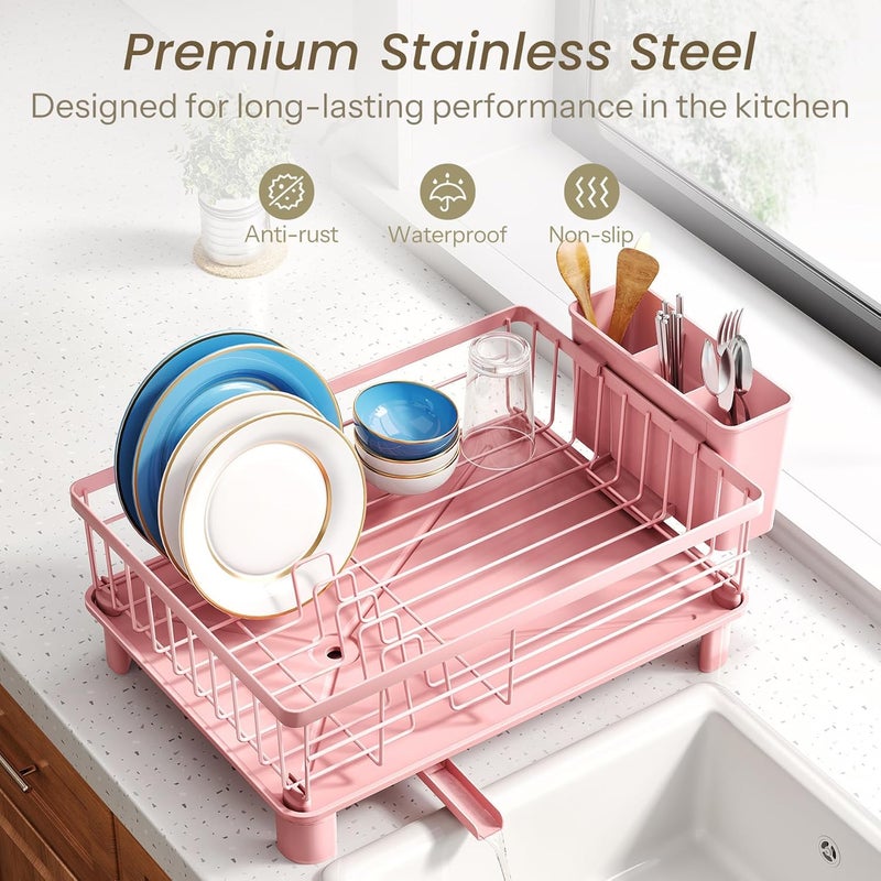 SNTD Dish Drying Rack - Small Dish Rack for Kitchen Counter, Stainless Steel Dish Drainer with Utensil Holder and Drainboard, 11" W x 15" L (Pink) - Image 5